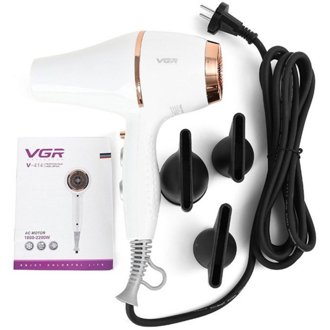 سشوار حرفه ای وی جی آر مدل V-414 با ۳ سری متمرکز کننده و باد سرد (رنگ بصورت رندوم)